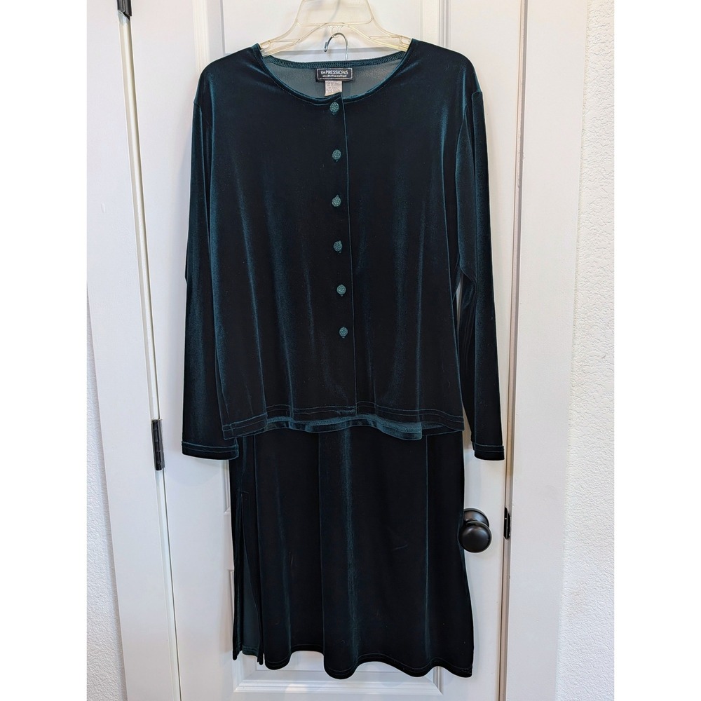 Impressions Green Velvet Button Cardigan and Maxi Skirt Set